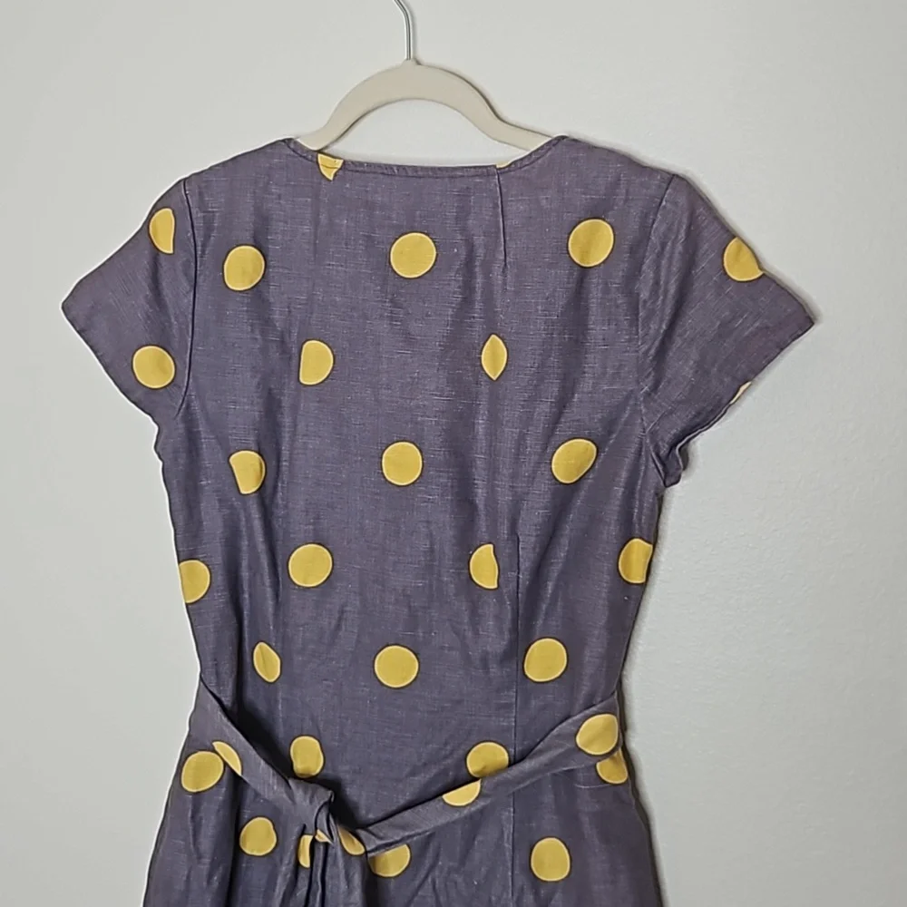 Boden Womens Dress Sz 6 Gray Yellow Polka Dot Belted Sheath Cotton Linen Preppy - Picture 9 of 11